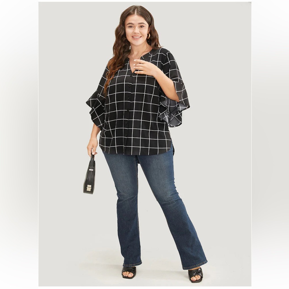 Nwt Plaid Notched Button Up Ruffle Sleeve Split H… - image 1